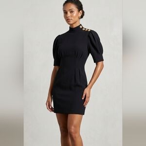 NWT High neck puff sleeve mini dress with gold buttons